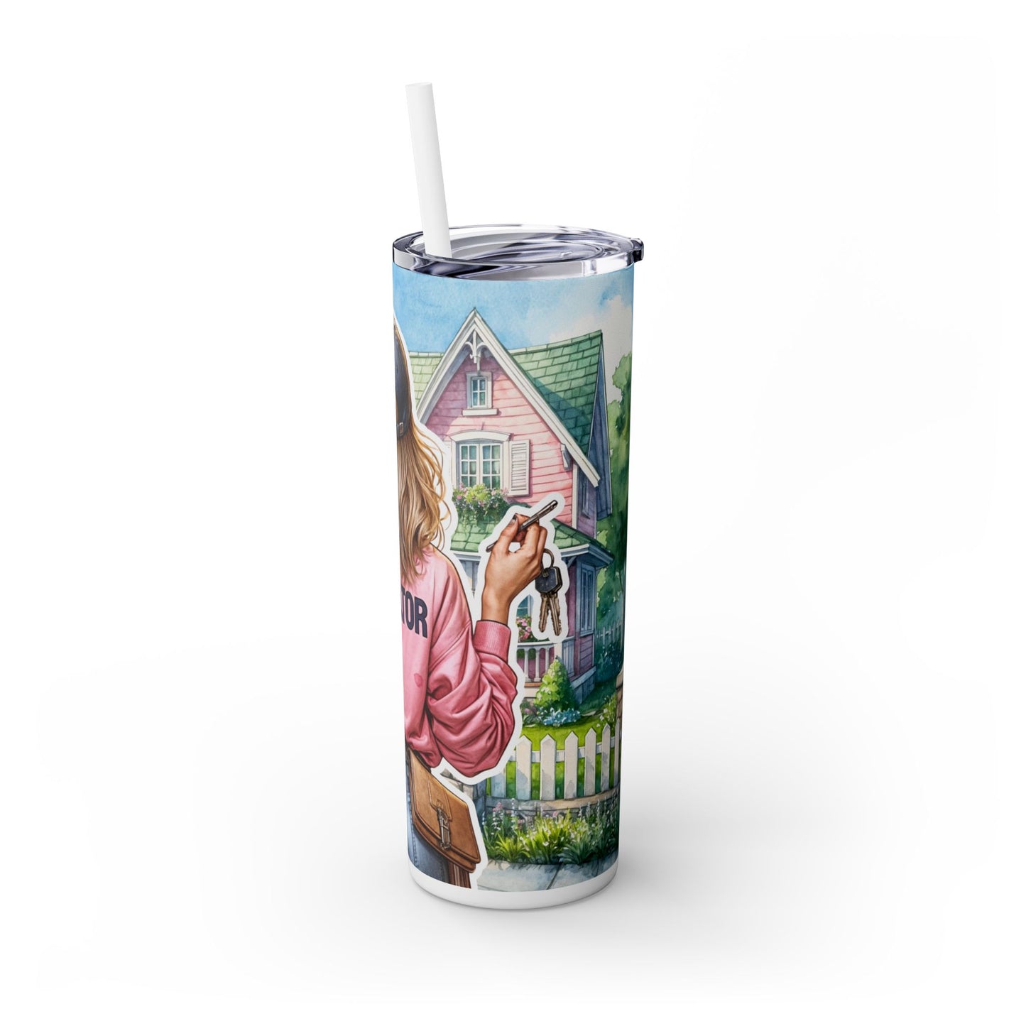 Realtor Coffee & Keys Tumbler – 20 oz Stainless Steel Mug with Pink House Illustration