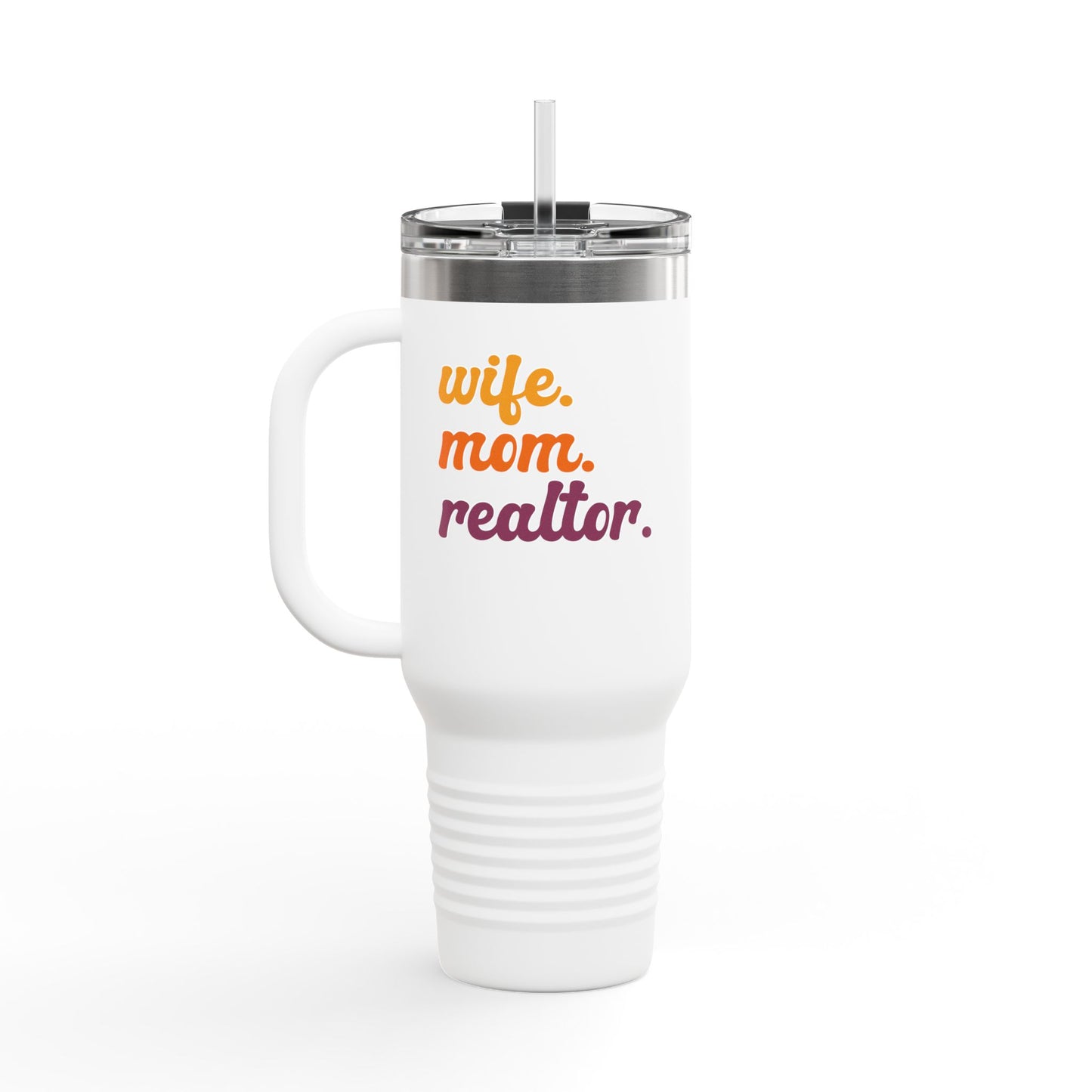 Wife. Mom. Realtor. Tumbler – 40 oz White Stainless Steel Mug with Colorful Retro Text