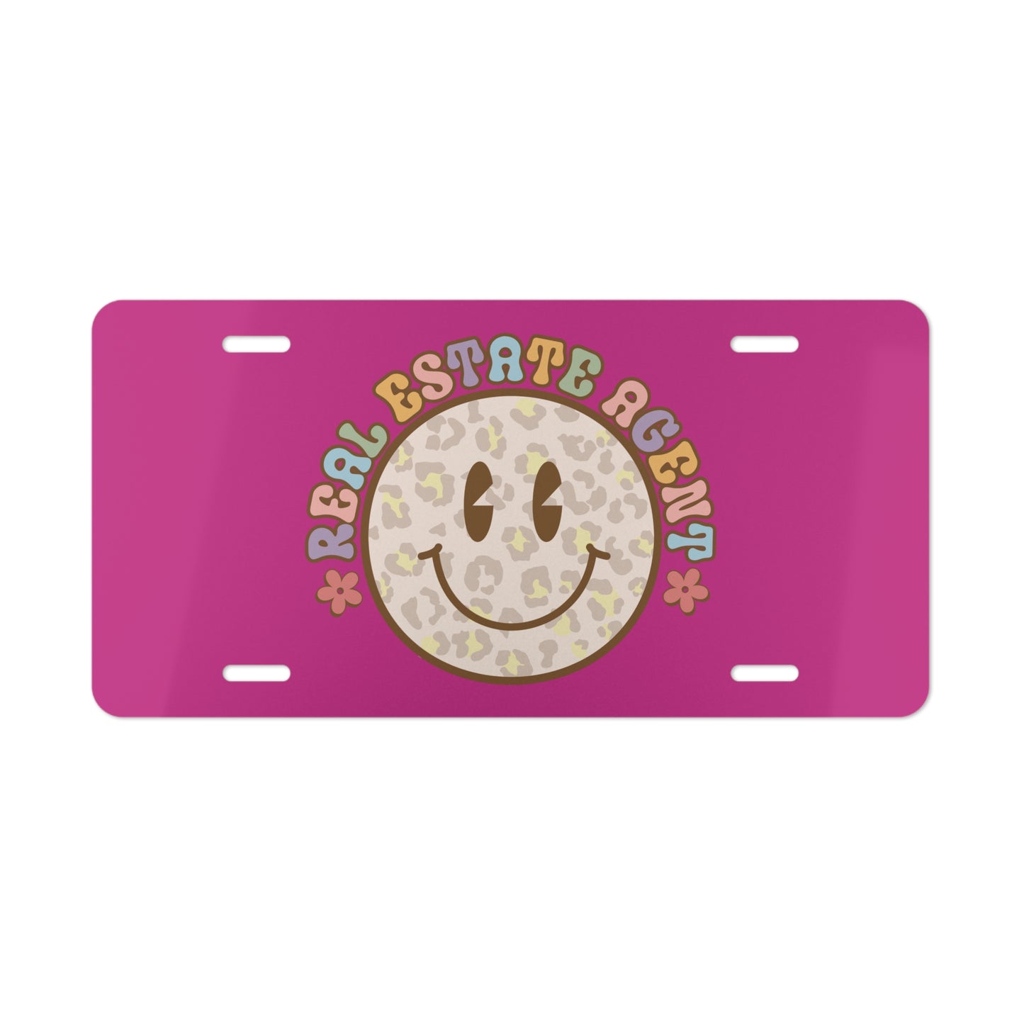 Smiley Face Real Estate Agent License Plate – Retro Vibes, Leopard Style, Realtor Sass
