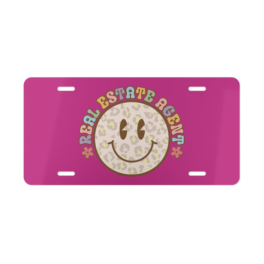 Smiley Face Real Estate Agent License Plate – Retro Vibes, Leopard Style, Realtor Sass