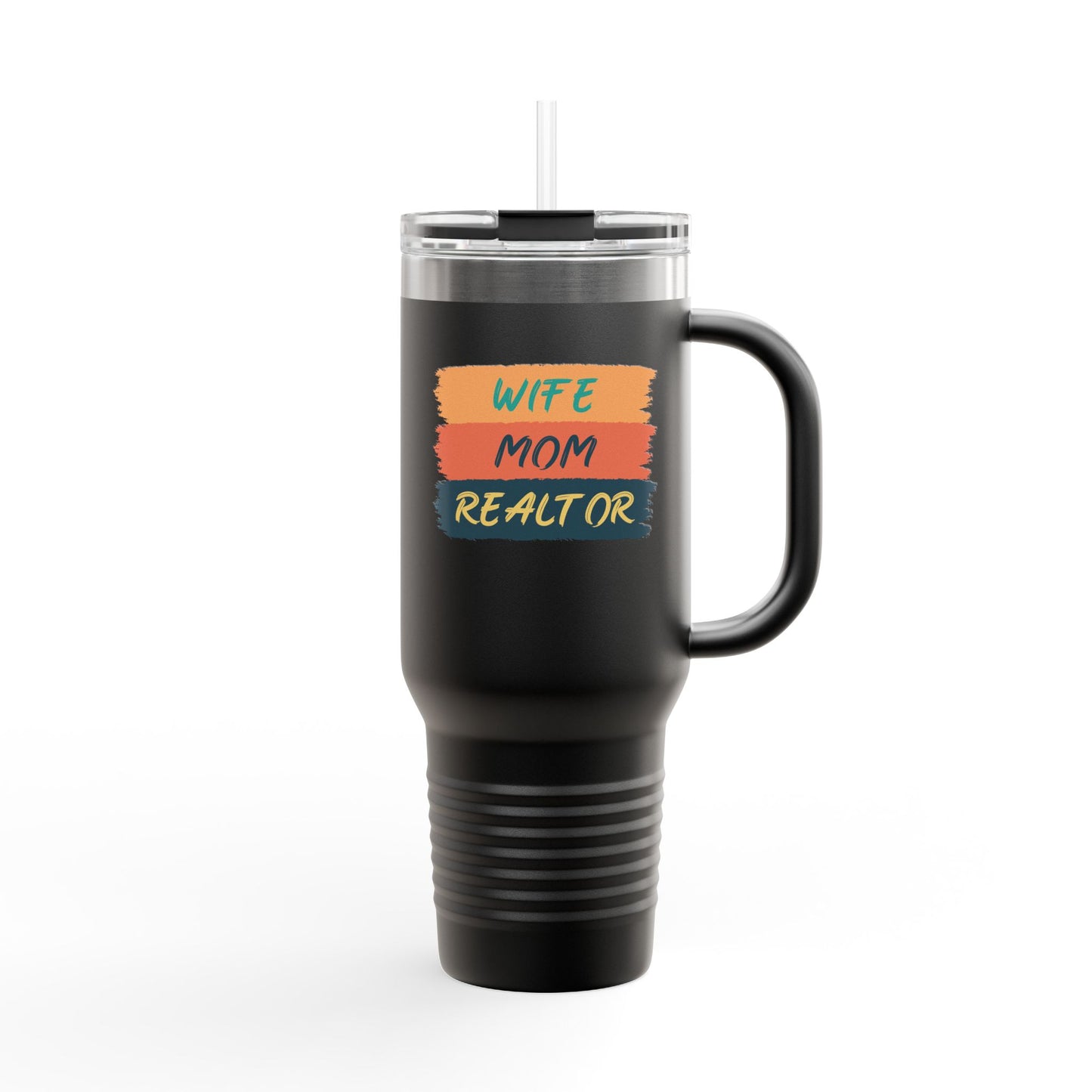 Wife. Mom. Realtor. Tumbler – 40 oz Stainless Steel Mug with Colorful Stripe Design