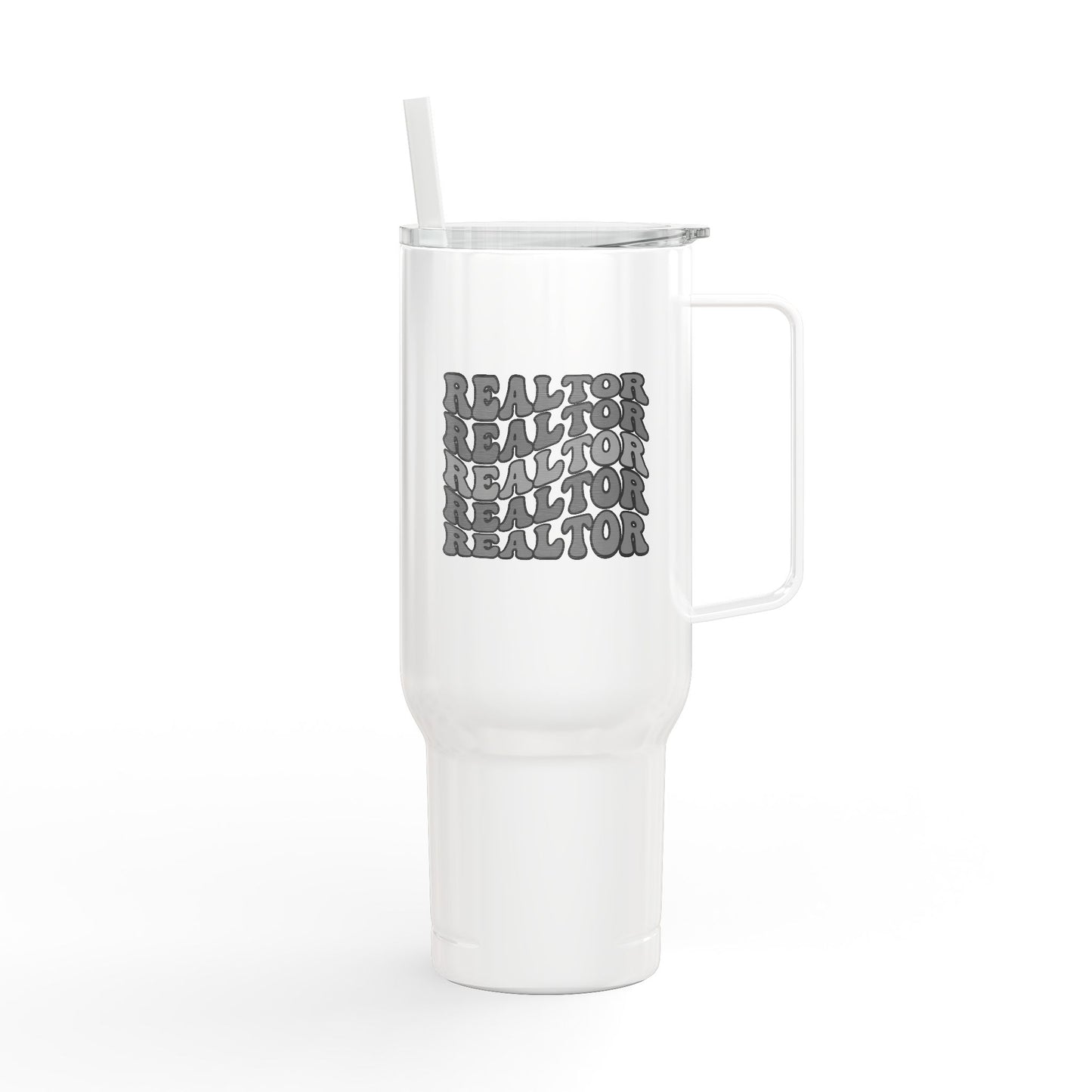 Stacked REALTOR Tumbler – 40 oz White Stainless Steel Mug with Straw & Handle