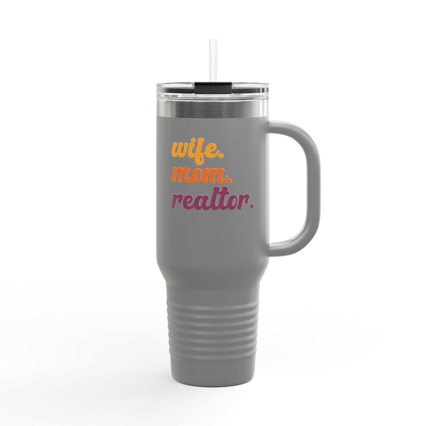 Wife. Mom. Realtor. Tumbler – 40 oz White Stainless Steel Mug with Colorful Retro Text