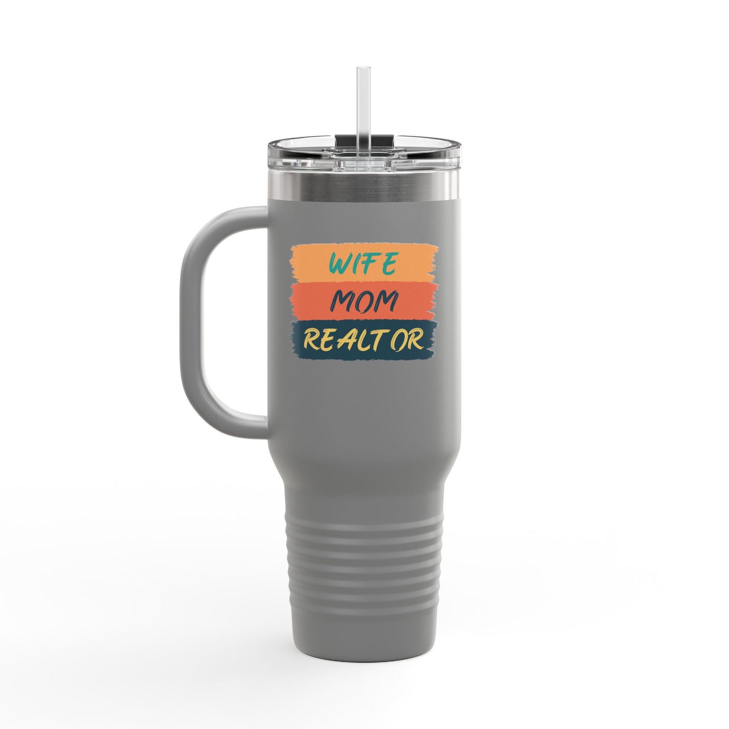 Wife. Mom. Realtor. Tumbler – 40 oz Stainless Steel Mug with Colorful Stripe Design