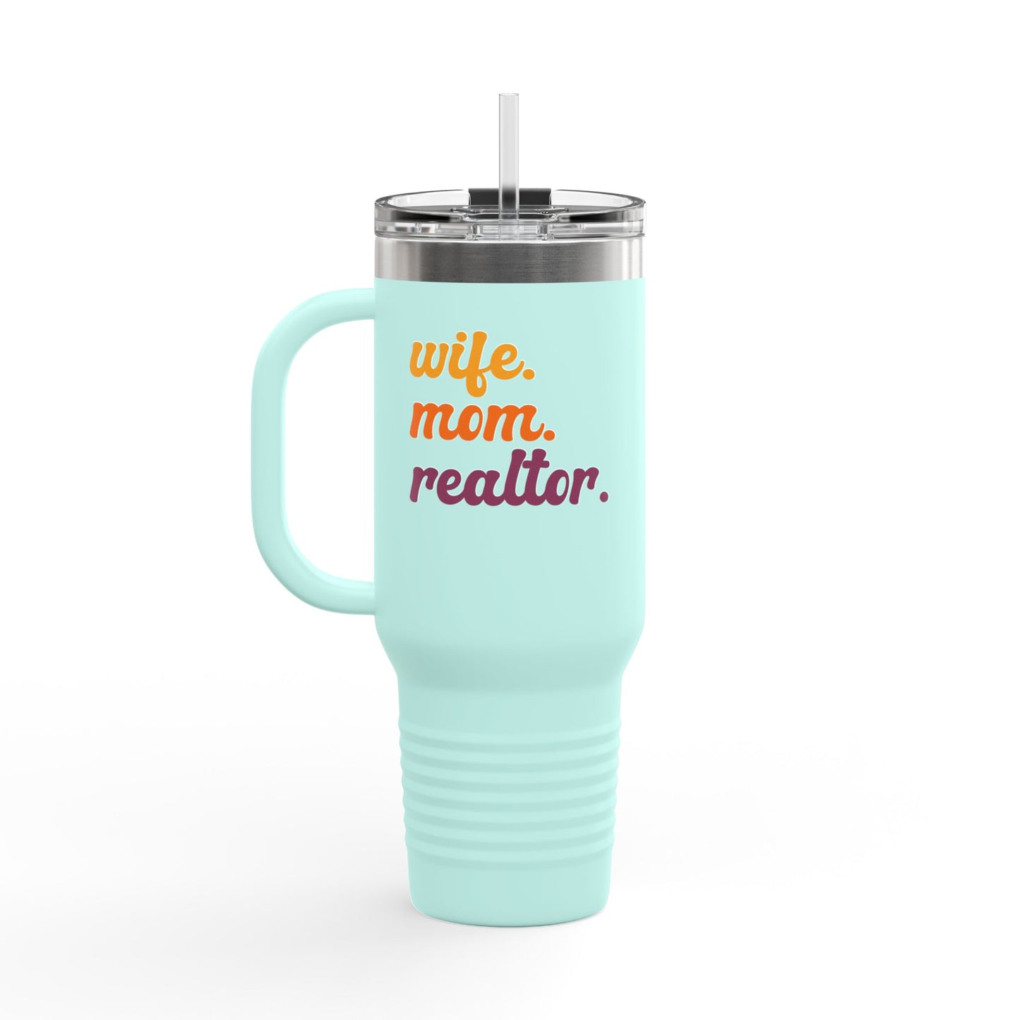Wife. Mom. Realtor. Tumbler – 40 oz White Stainless Steel Mug with Colorful Retro Text