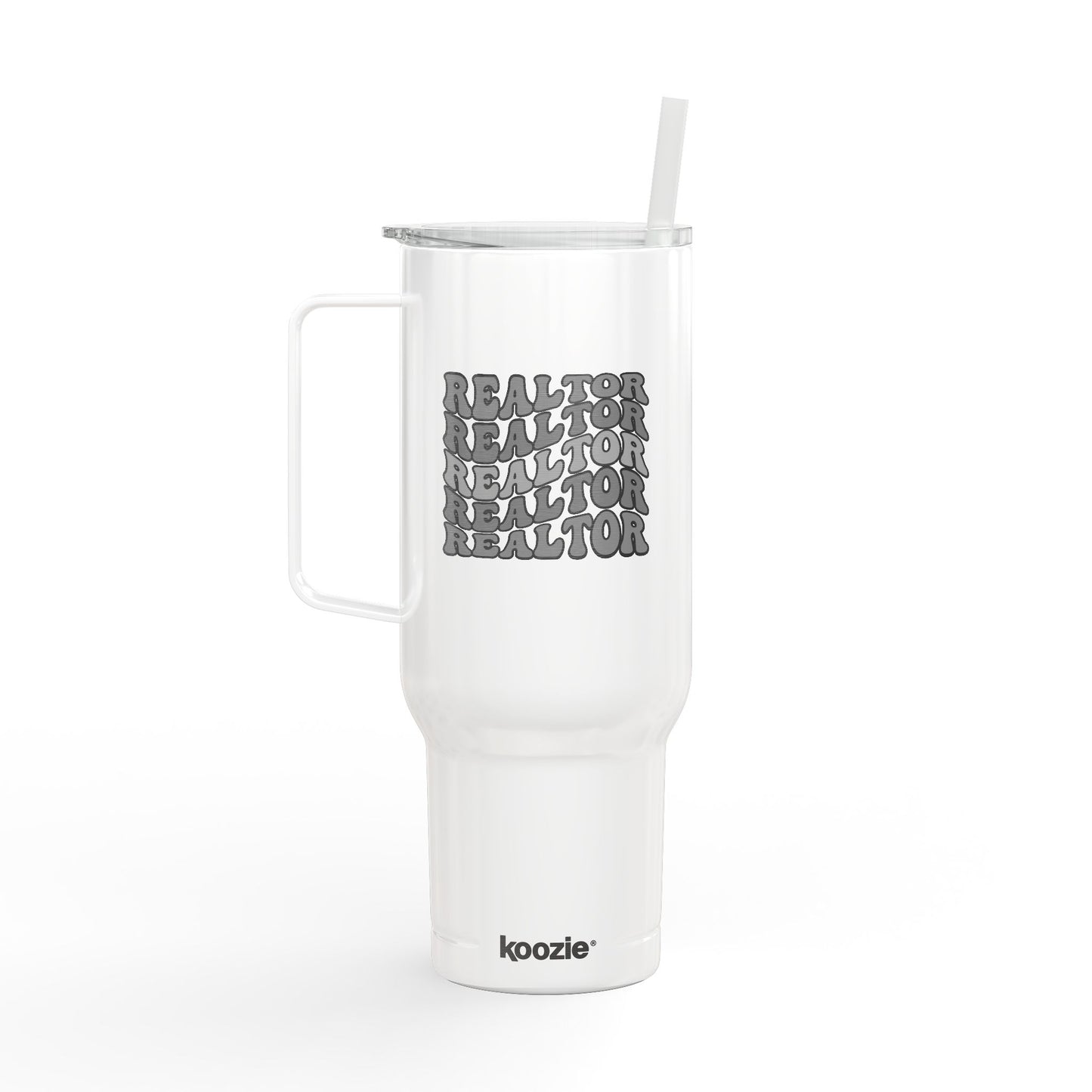 Stacked REALTOR Tumbler – 40 oz White Stainless Steel Mug with Straw & Handle