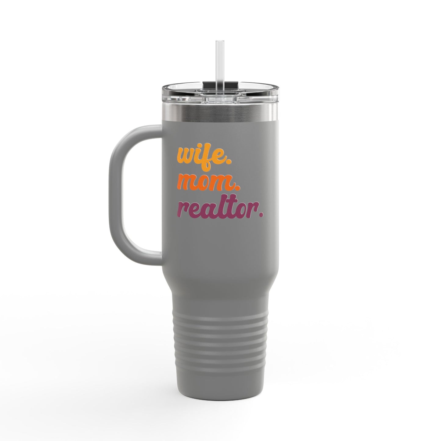 Wife. Mom. Realtor. Tumbler – 40 oz White Stainless Steel Mug with Colorful Retro Text