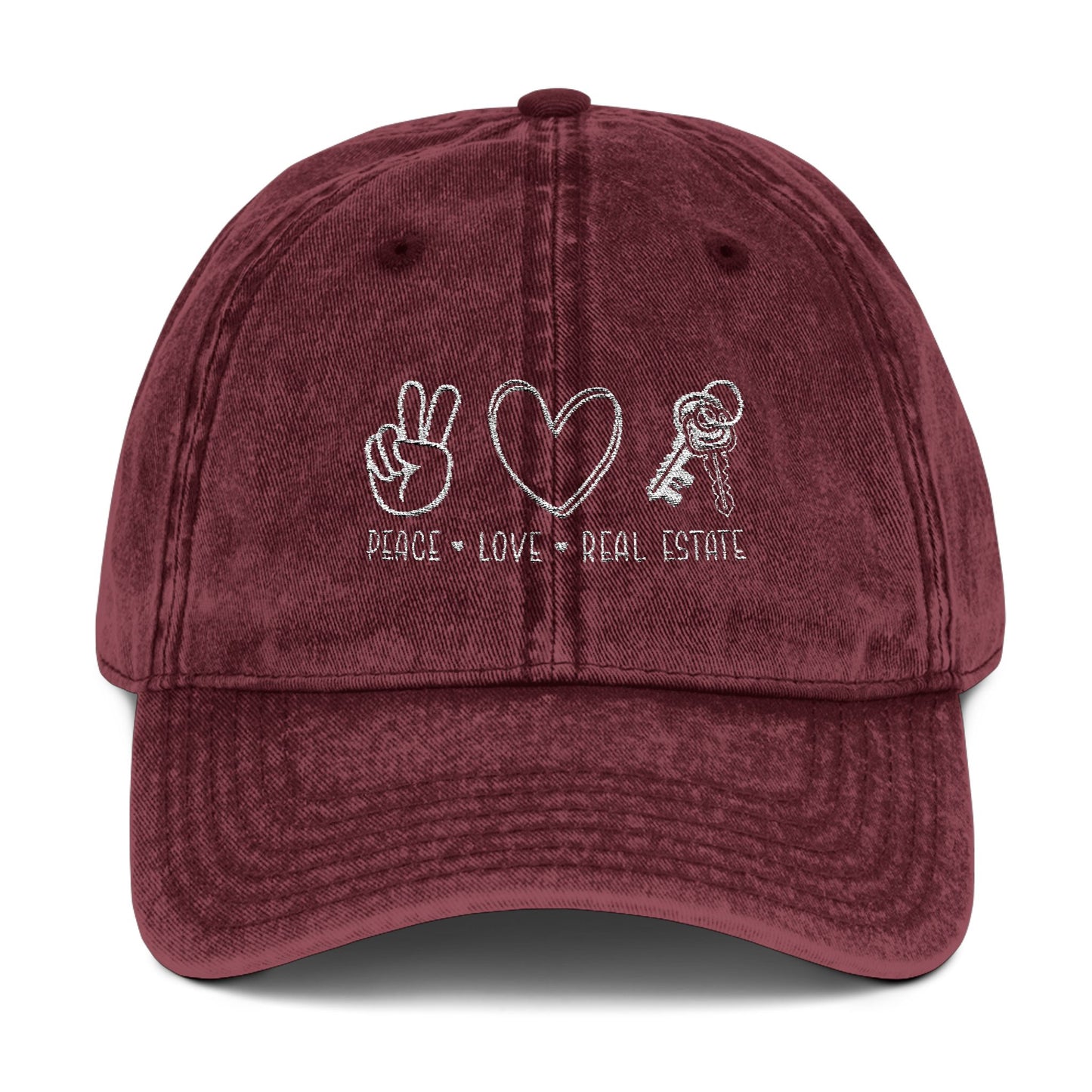 Peace Love Real Estate Hat – Embroidered Distressed Cap for Realtors