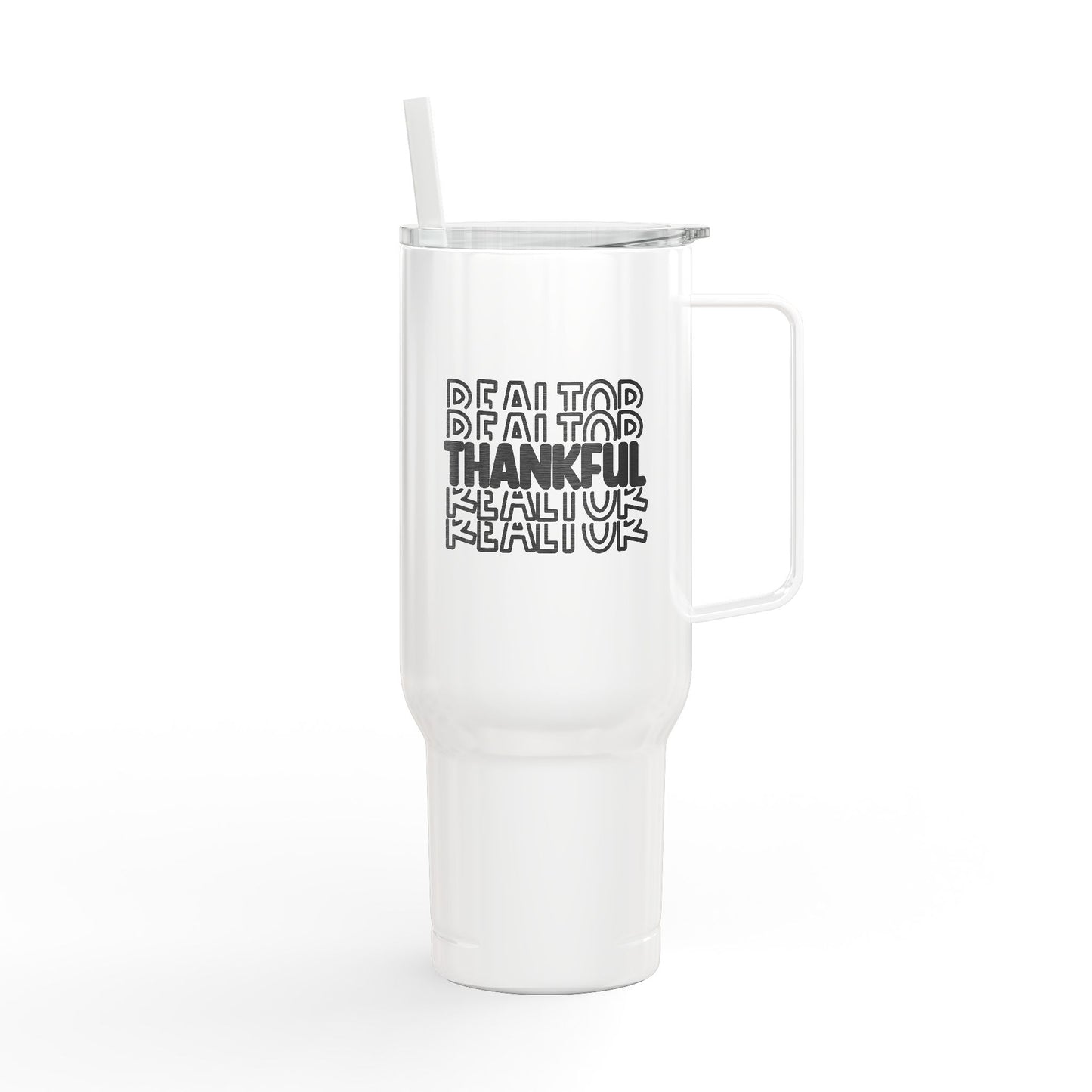 Thankful Realtor Tumbler – 40 oz White Stainless Steel Mug with Stacked Text Design