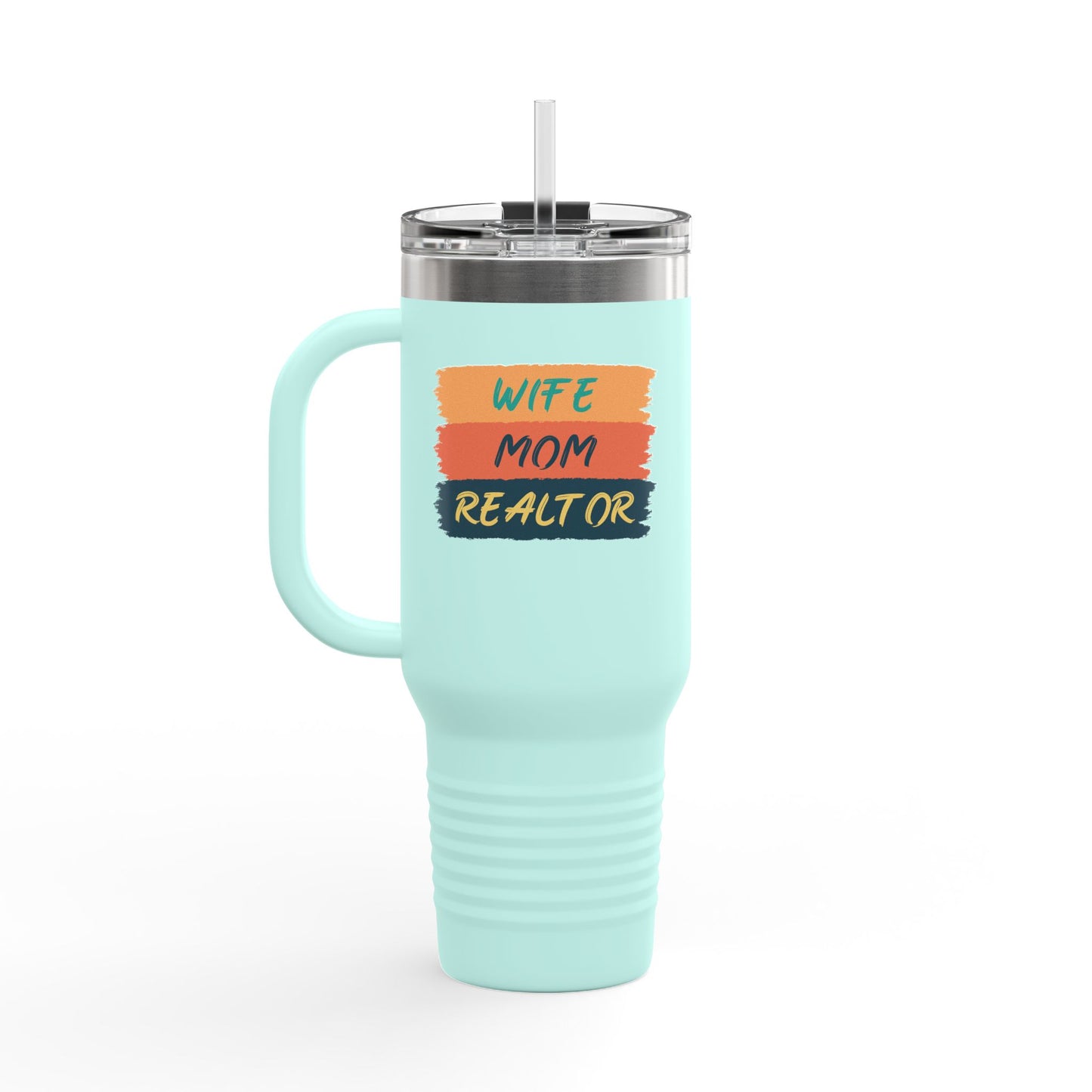 Wife. Mom. Realtor. Tumbler – 40 oz Stainless Steel Mug with Colorful Stripe Design