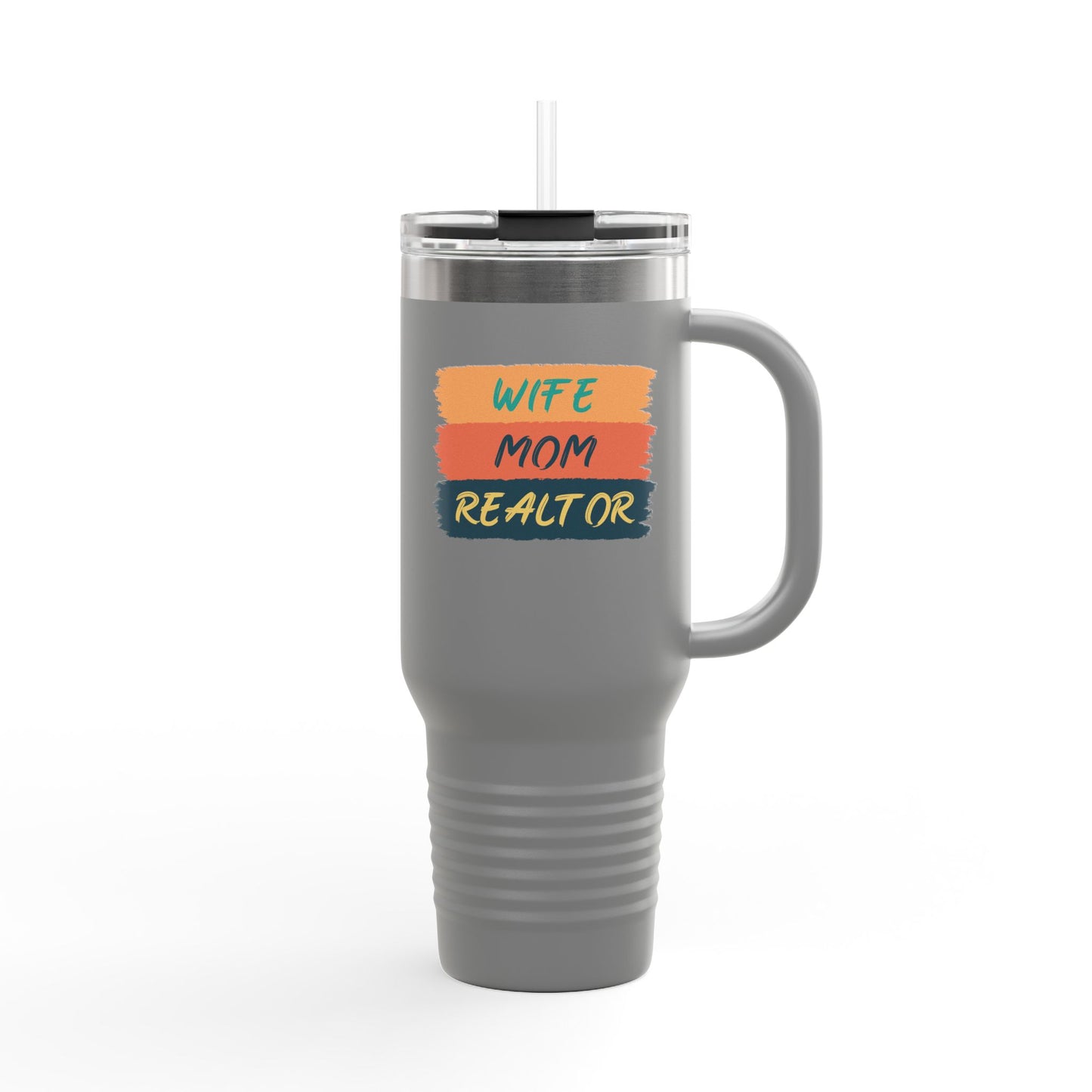 Wife. Mom. Realtor. Tumbler – 40 oz Stainless Steel Mug with Colorful Stripe Design