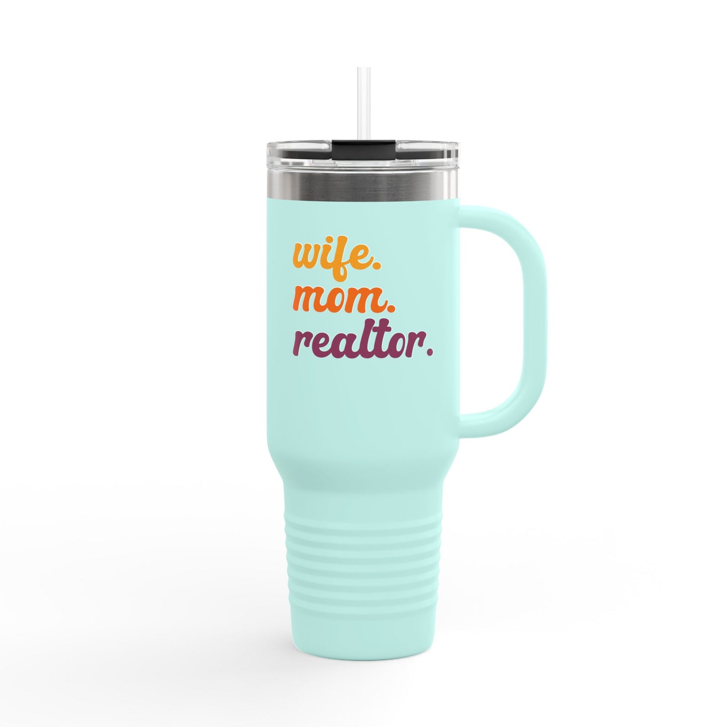 Wife. Mom. Realtor. Tumbler – 40 oz White Stainless Steel Mug with Colorful Retro Text