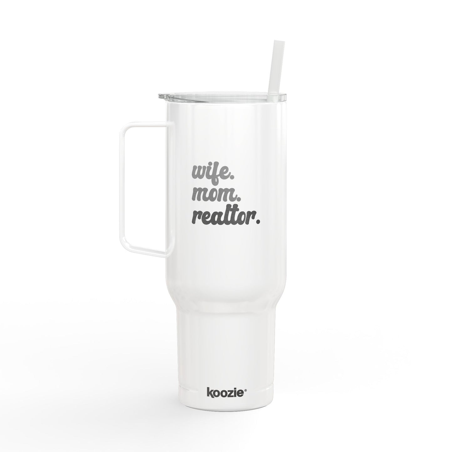 Wife. Mom. Realtor. Tumbler – 40 oz White Stainless Steel Mug with Straw (Lifestyle Image)
