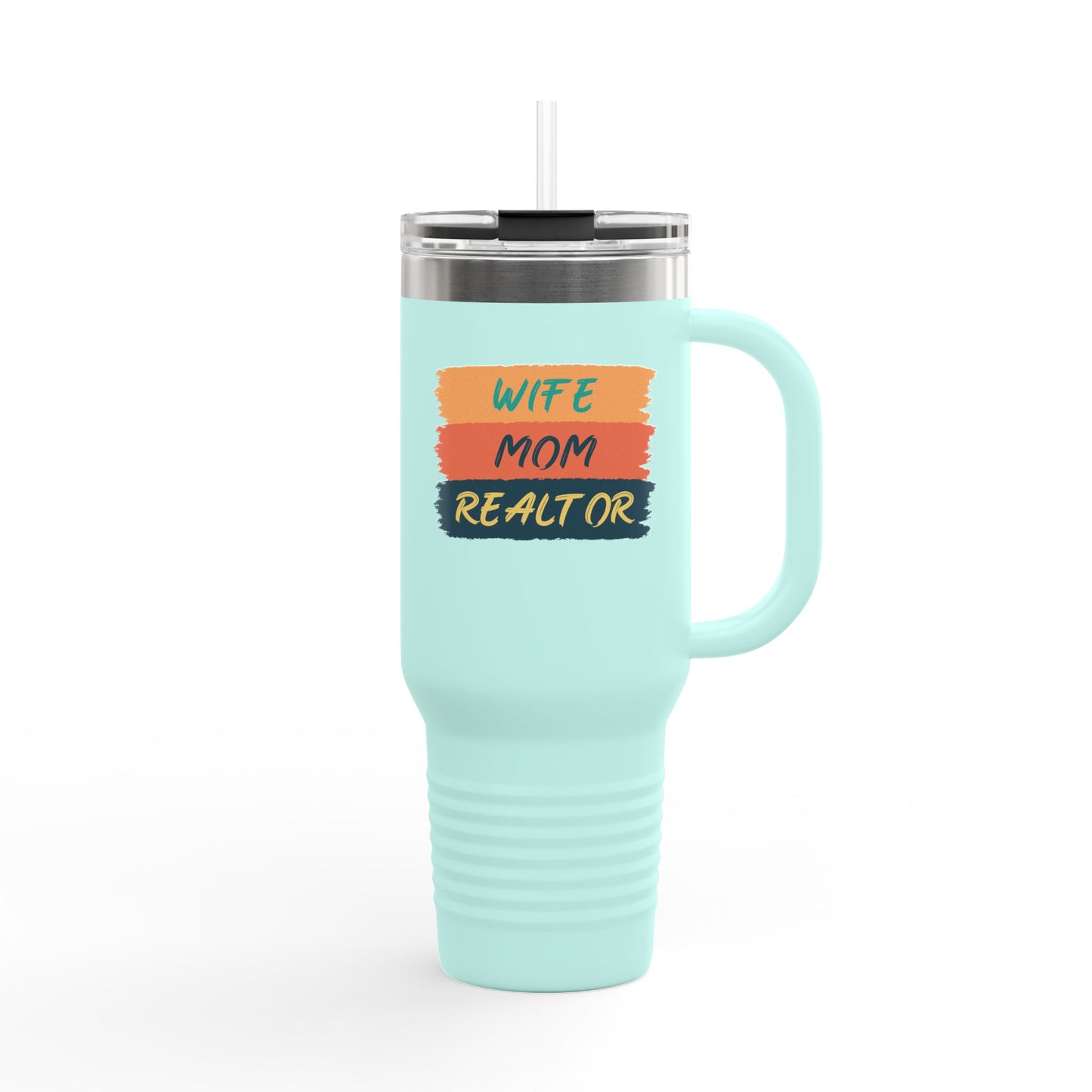 Wife. Mom. Realtor. Tumbler – 40 oz Stainless Steel Mug with Colorful Stripe Design