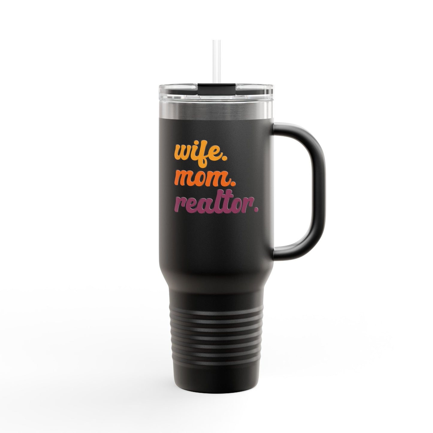 Wife. Mom. Realtor. Tumbler – 40 oz White Stainless Steel Mug with Colorful Retro Text