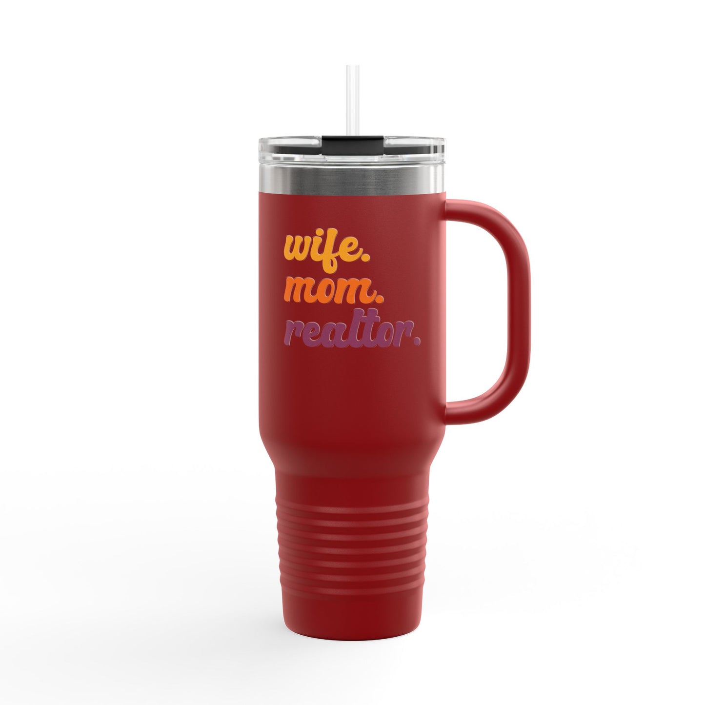 Wife. Mom. Realtor. Tumbler – 40 oz White Stainless Steel Mug with Colorful Retro Text