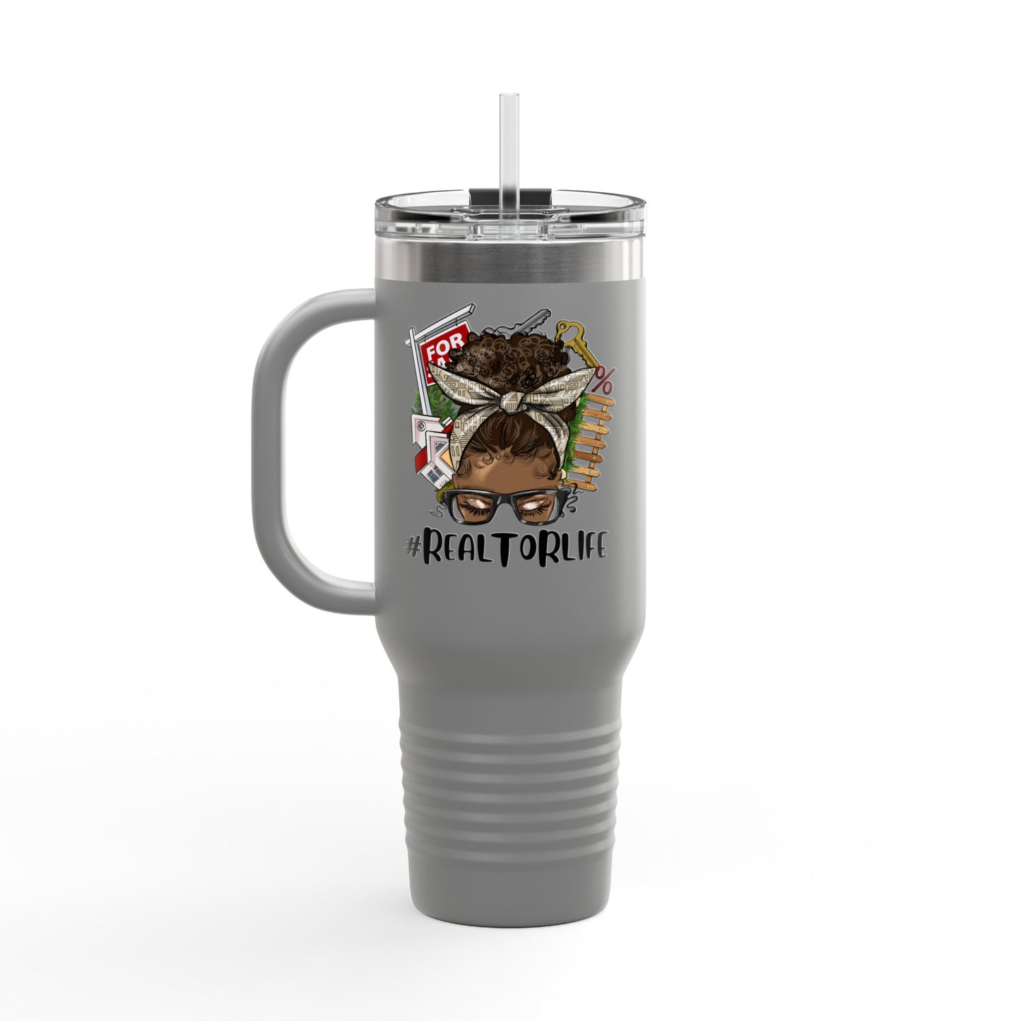 #RealtorLife Messy Bun Tumbler – 40 oz Stainless Steel Mug with Real Estate Illustration