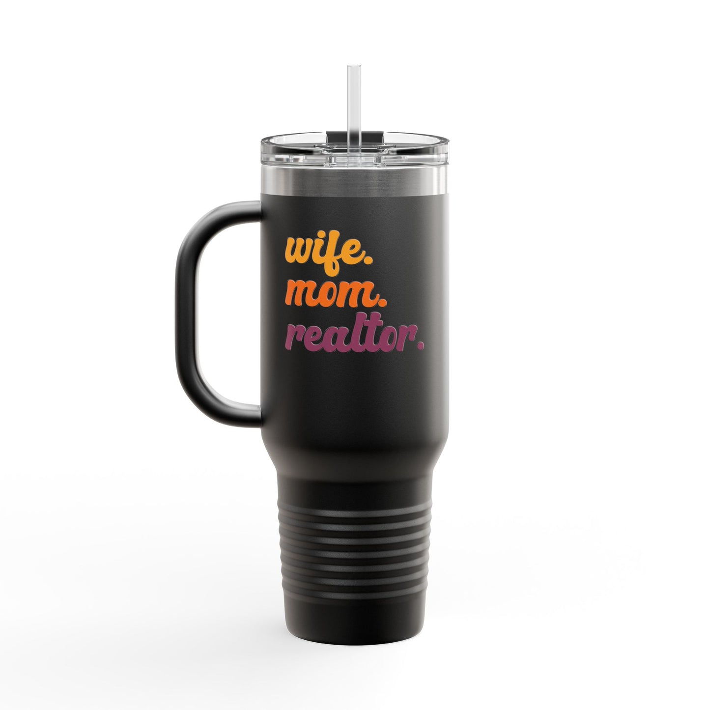 Wife. Mom. Realtor. Tumbler – 40 oz White Stainless Steel Mug with Colorful Retro Text