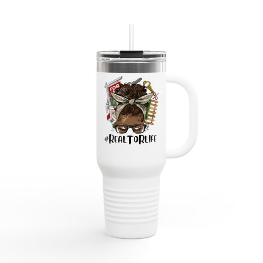 #RealtorLife Messy Bun Tumbler – 40 oz Stainless Steel Mug with Real Estate Illustration
