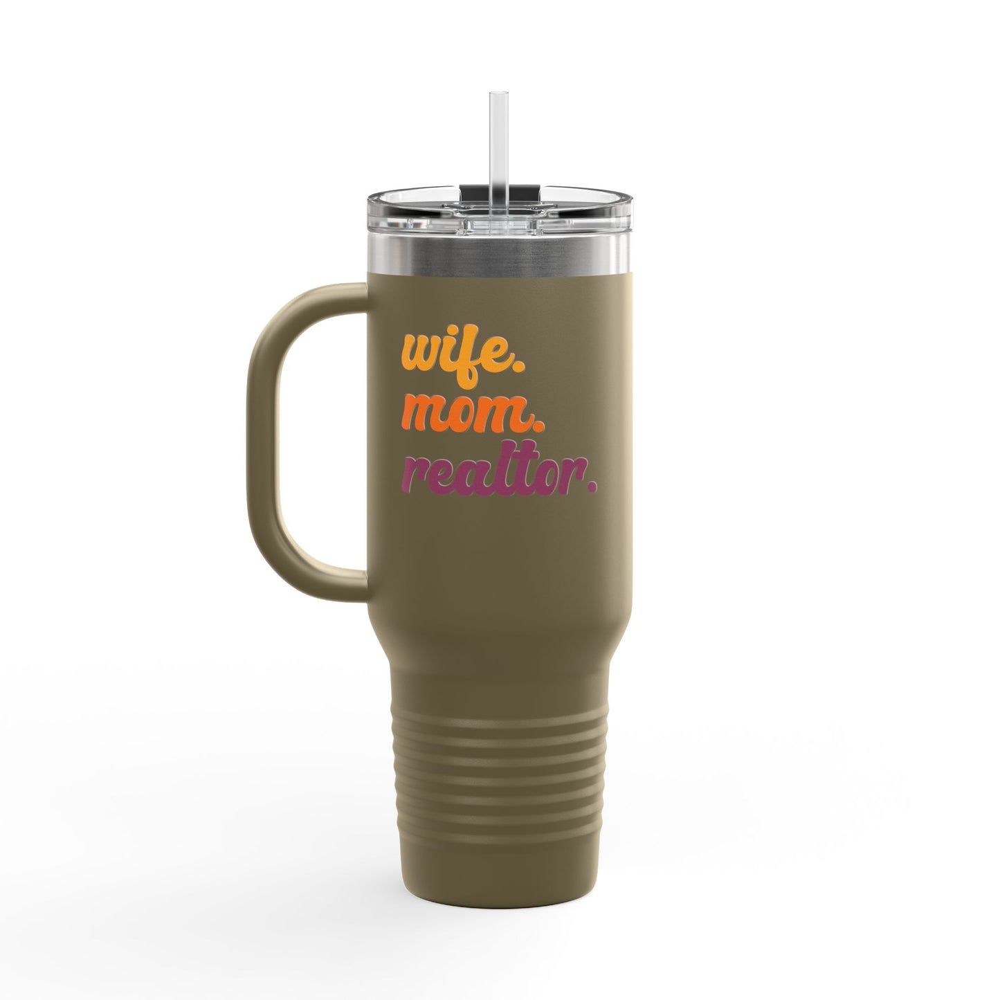 Wife. Mom. Realtor. Tumbler – 40 oz White Stainless Steel Mug with Colorful Retro Text