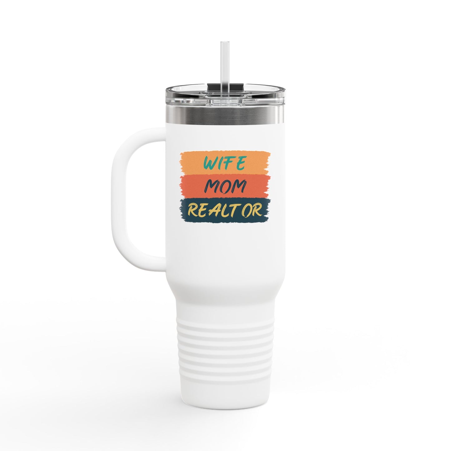 Wife. Mom. Realtor. Tumbler – 40 oz Stainless Steel Mug with Colorful Stripe Design