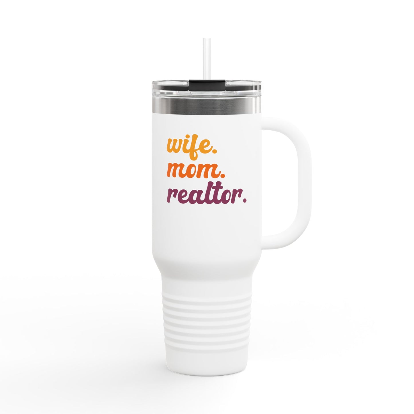 Wife. Mom. Realtor. Tumbler – 40 oz White Stainless Steel Mug with Colorful Retro Text