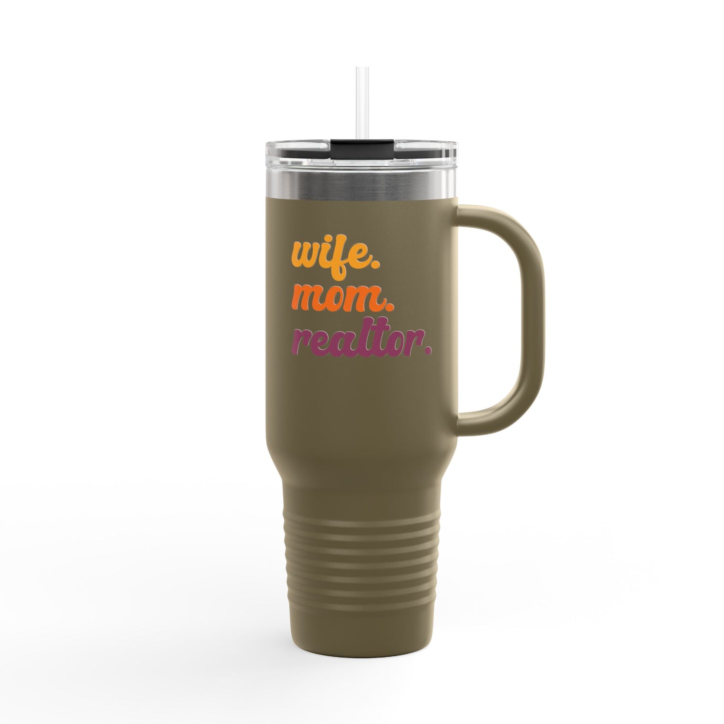Wife. Mom. Realtor. Tumbler – 40 oz White Stainless Steel Mug with Colorful Retro Text