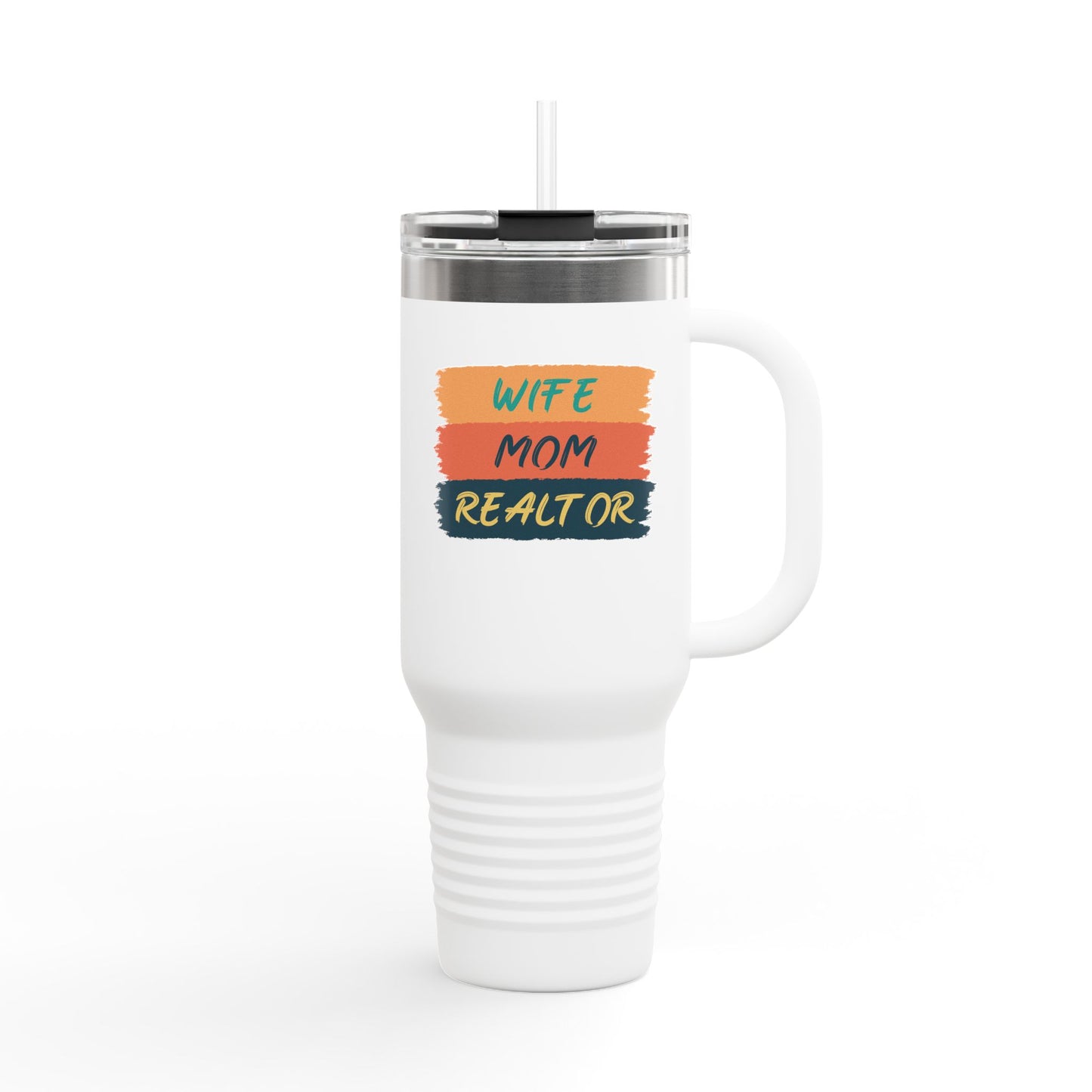Wife. Mom. Realtor. Tumbler – 40 oz Stainless Steel Mug with Colorful Stripe Design