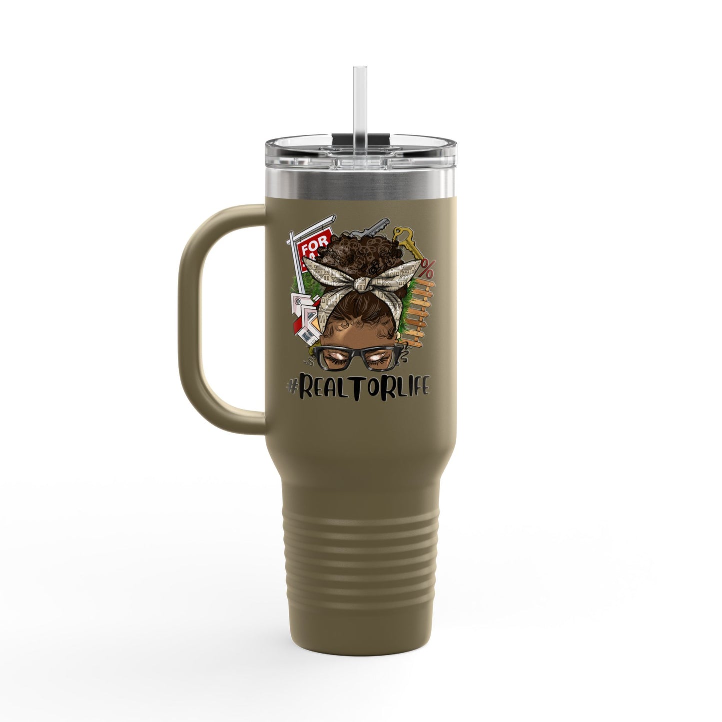 #RealtorLife Messy Bun Tumbler – 40 oz Stainless Steel Mug with Real Estate Illustration