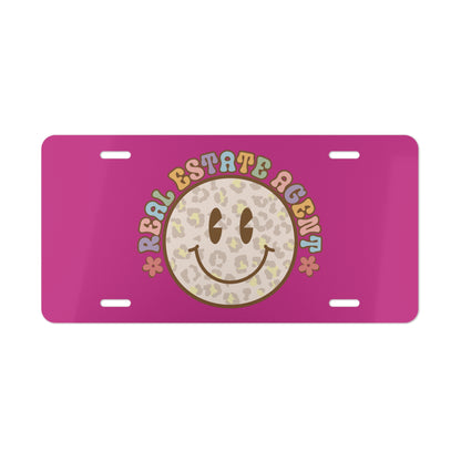 Smiley Face Real Estate Agent License Plate – Retro Vibes, Leopard Style, Realtor Sass