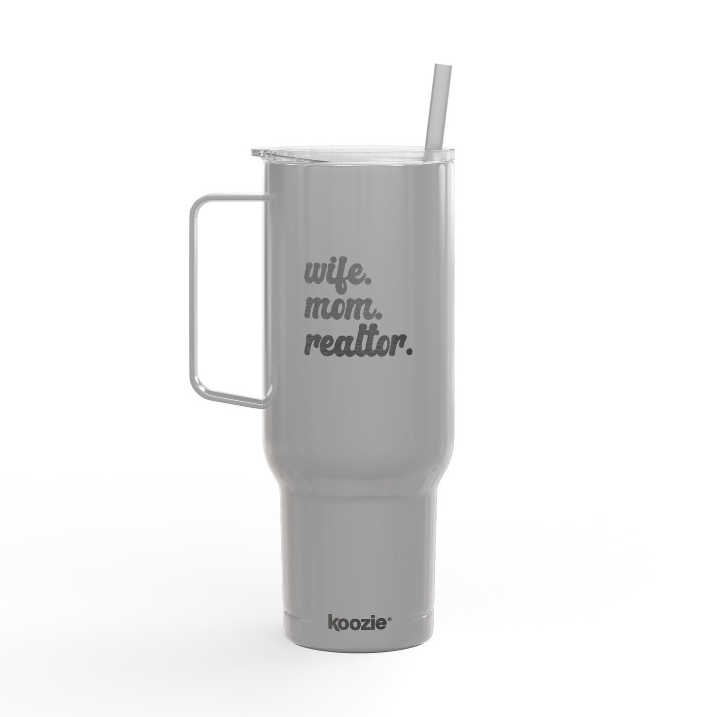 Wife. Mom. Realtor. Tumbler – 40 oz White Stainless Steel Mug with Straw (Lifestyle Image)