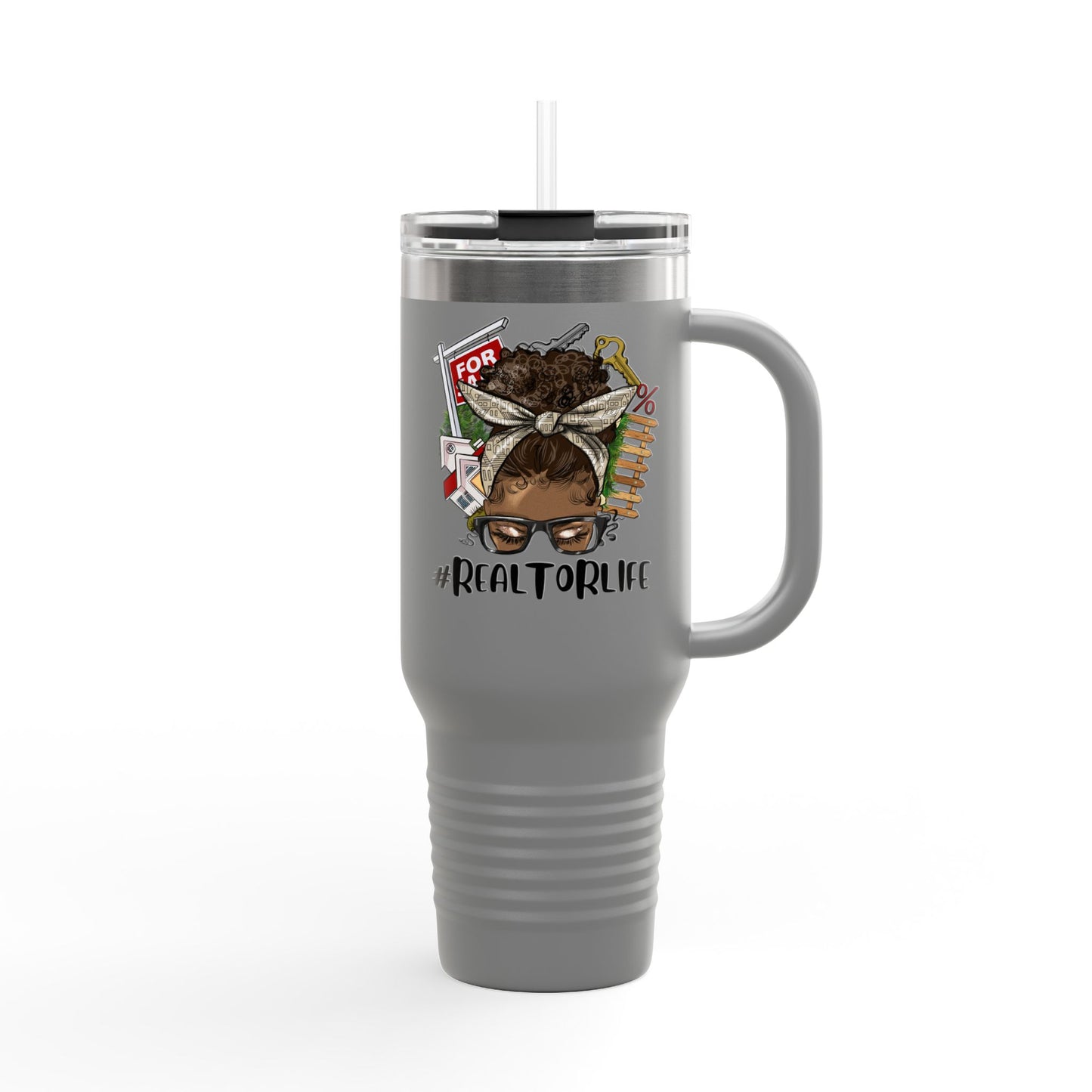 #RealtorLife Messy Bun Tumbler – 40 oz Stainless Steel Mug with Real Estate Illustration