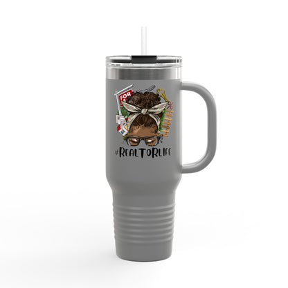 #RealtorLife Messy Bun Tumbler – 40 oz Stainless Steel Mug with Real Estate Illustration