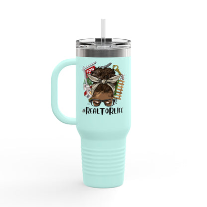 #RealtorLife Messy Bun Tumbler – 40 oz Stainless Steel Mug with Real Estate Illustration