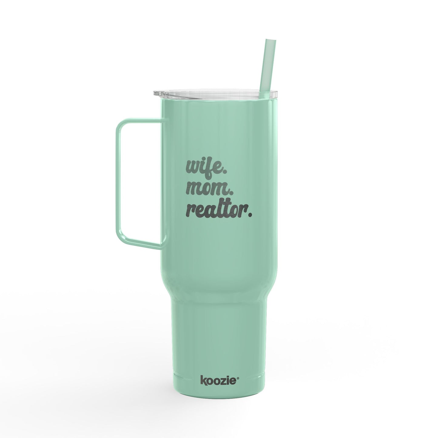 Wife. Mom. Realtor. Tumbler – 40 oz White Stainless Steel Mug with Straw (Lifestyle Image)