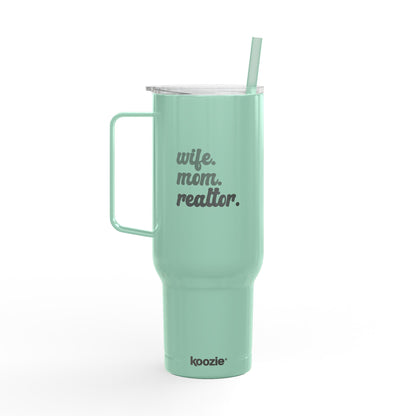 Wife. Mom. Realtor. Tumbler – 40 oz White Stainless Steel Mug with Straw (Lifestyle Image)