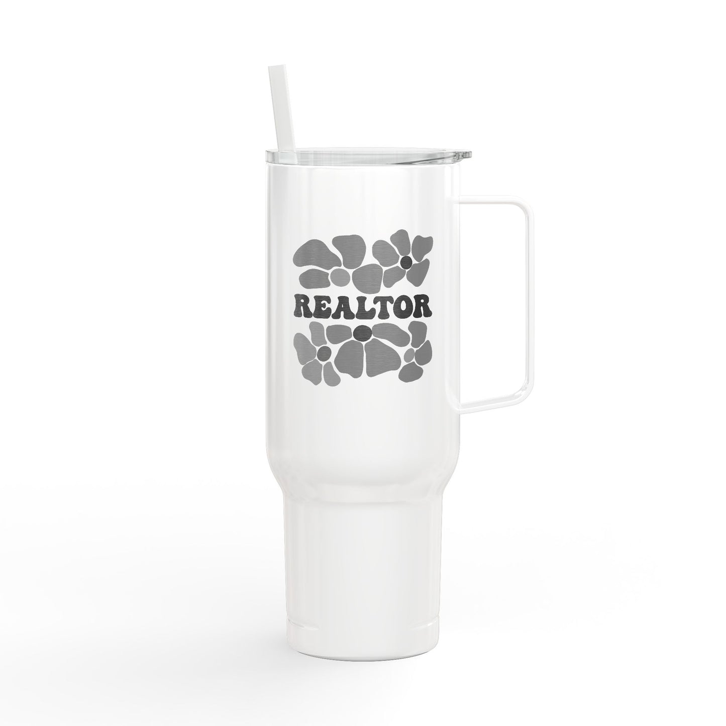 Flower Power Realtor Tumbler – 40 oz White Stainless Steel Cup with Handle & Straw