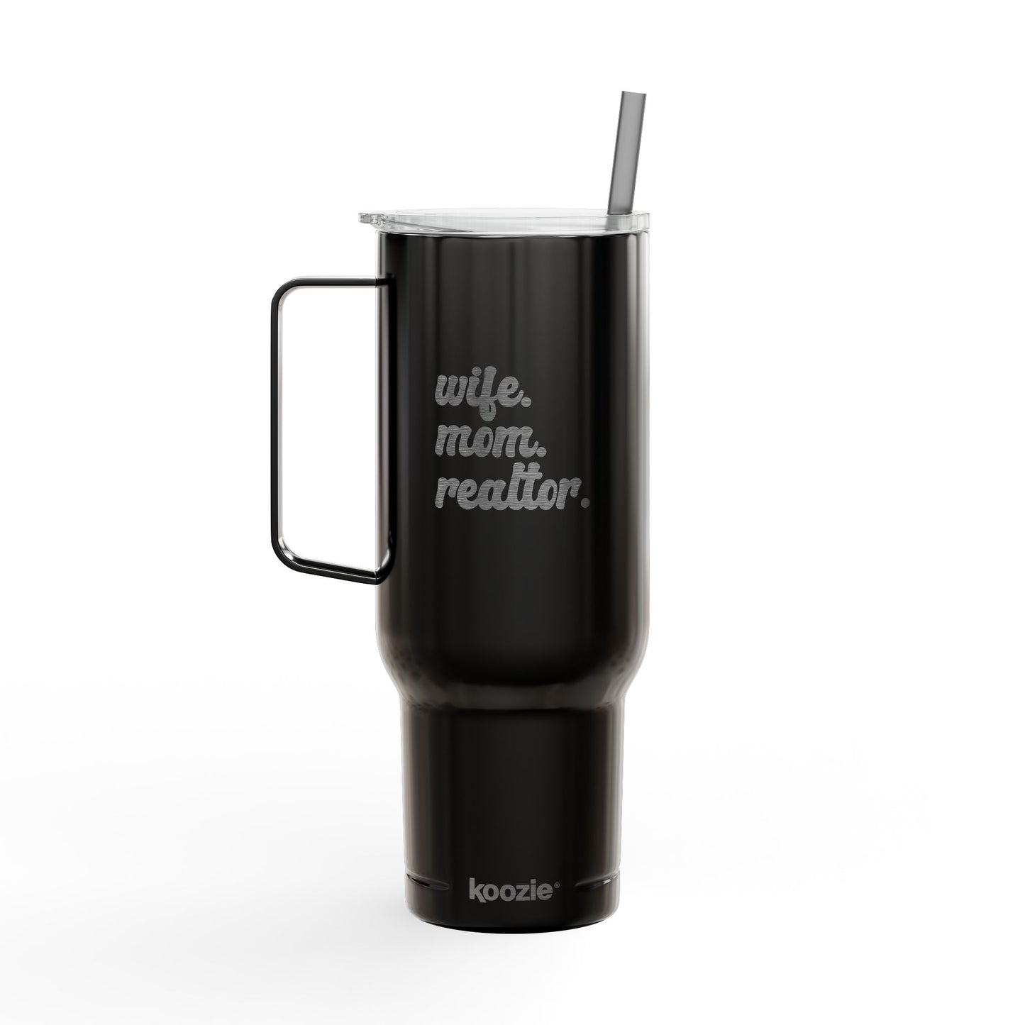 Wife. Mom. Realtor. Tumbler – 40 oz White Stainless Steel Mug with Straw (Lifestyle Image)