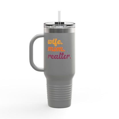 Wife. Mom. Realtor. Tumbler – 40 oz White Stainless Steel Mug with Colorful Retro Text