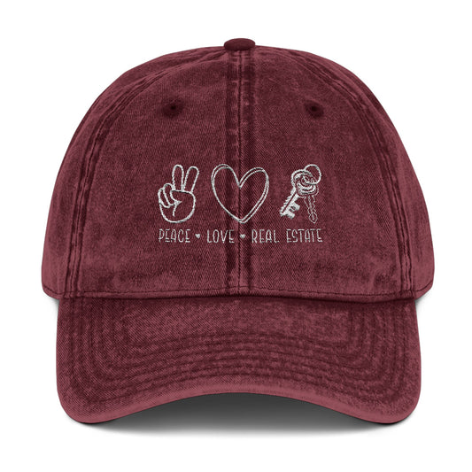 Peace Love Real Estate Hat – Embroidered Distressed Cap for Realtors