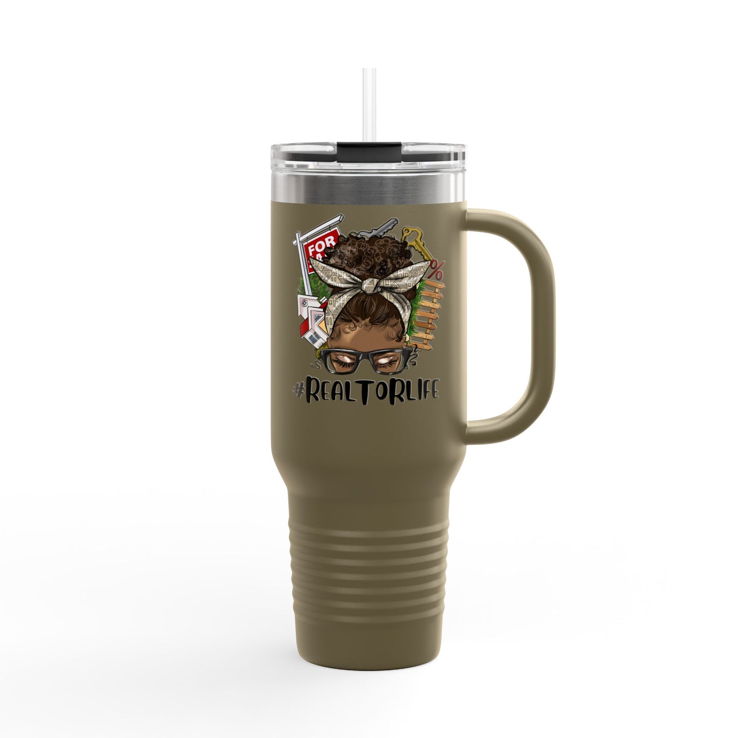 #RealtorLife Messy Bun Tumbler – 40 oz Stainless Steel Mug with Real Estate Illustration