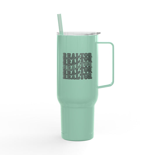 Stacked REALTOR Tumbler – 40 oz White Stainless Steel Mug with Straw & Handle