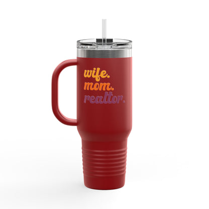 Wife. Mom. Realtor. Tumbler – 40 oz White Stainless Steel Mug with Colorful Retro Text