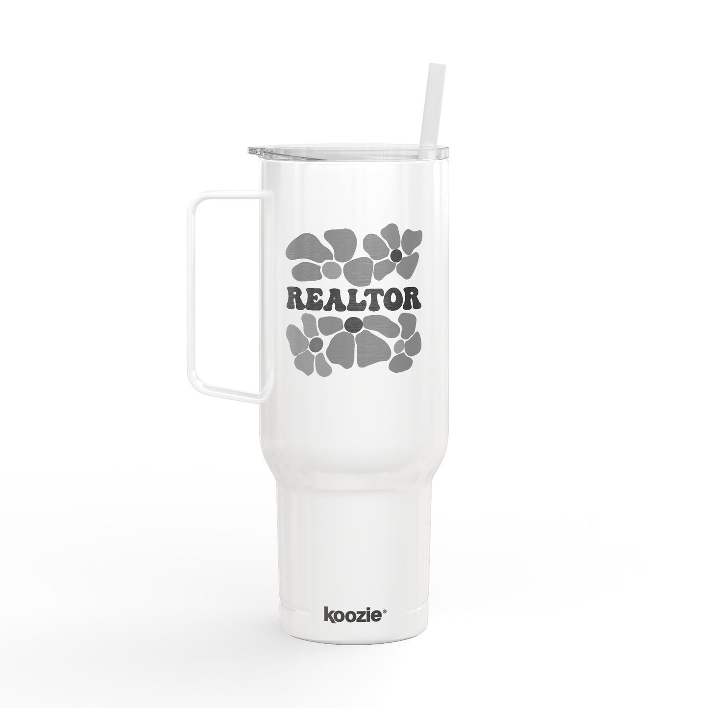 Flower Power Realtor Tumbler – 40 oz White Stainless Steel Cup with Handle & Straw