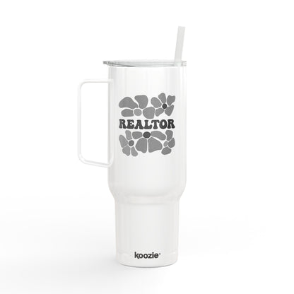 Flower Power Realtor Tumbler – 40 oz White Stainless Steel Cup with Handle & Straw