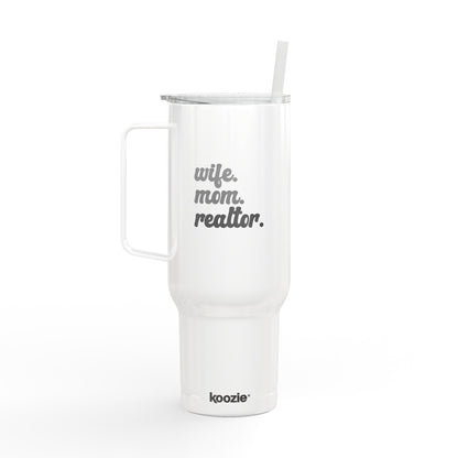 Wife. Mom. Realtor. Tumbler – 40 oz White Stainless Steel Mug with Straw (Lifestyle Image)