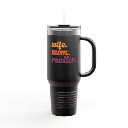 Wife. Mom. Realtor. Tumbler – 40 oz White Stainless Steel Mug with Colorful Retro Text