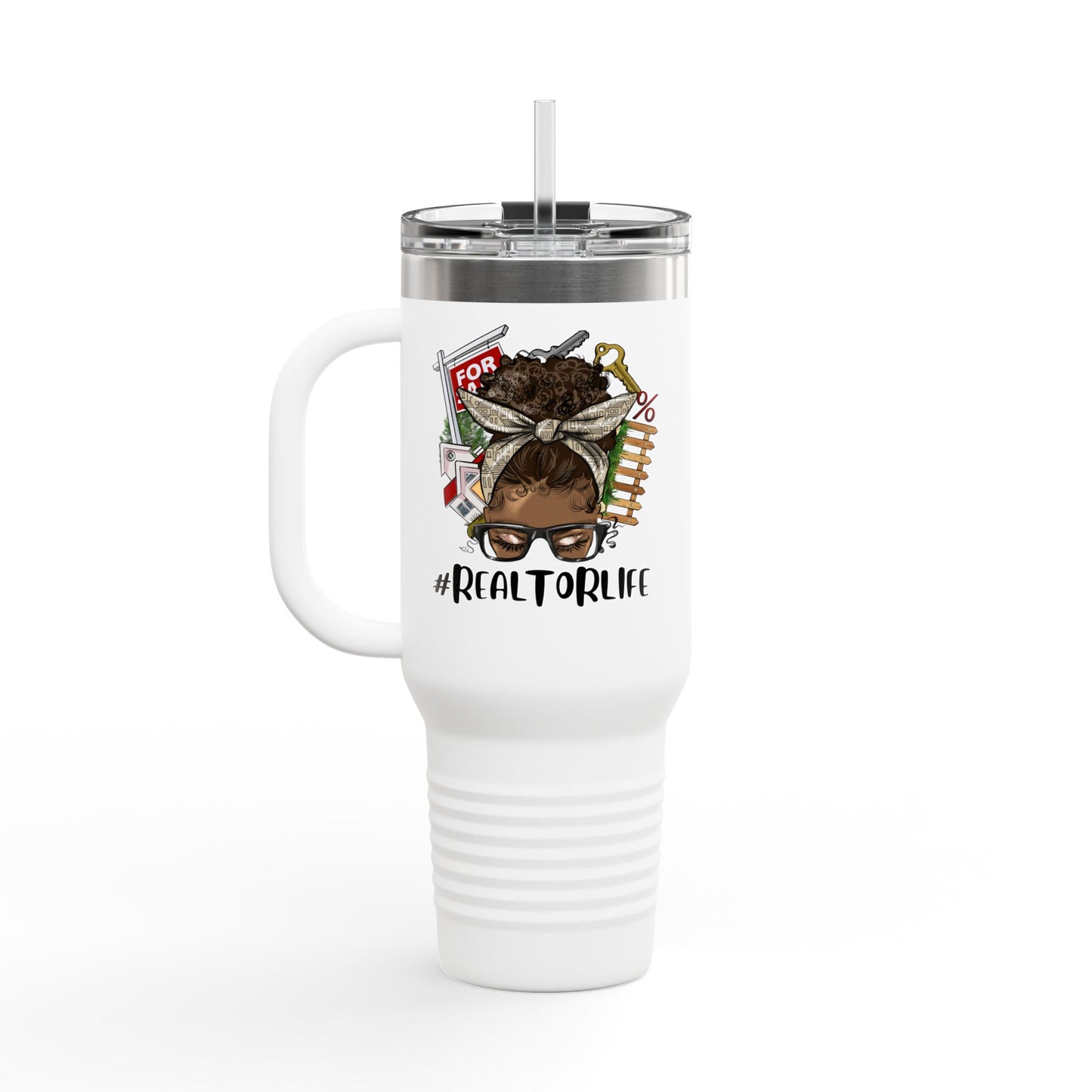#RealtorLife Messy Bun Tumbler – 40 oz Stainless Steel Mug with Real Estate Illustration