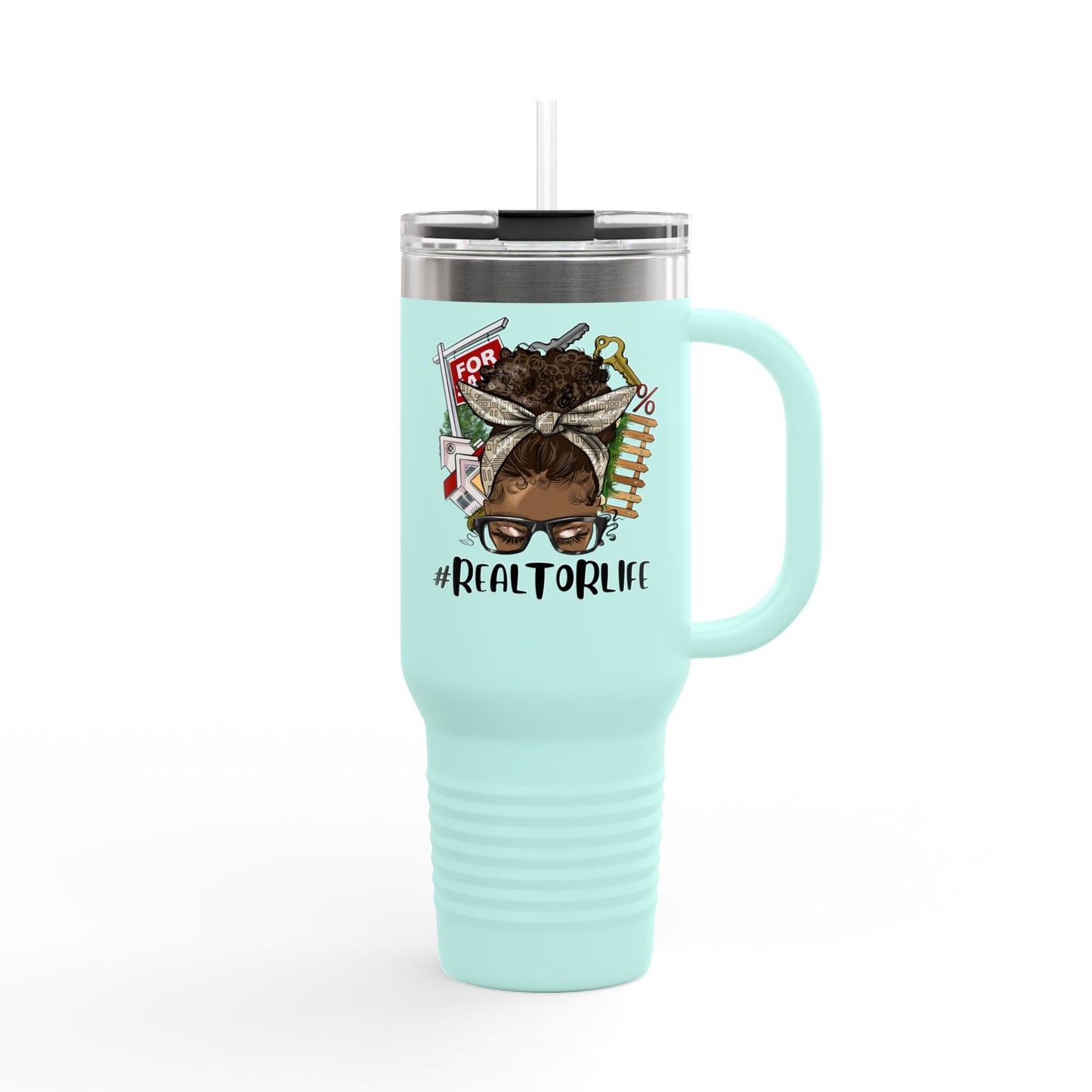 #RealtorLife Messy Bun Tumbler – 40 oz Stainless Steel Mug with Real Estate Illustration
