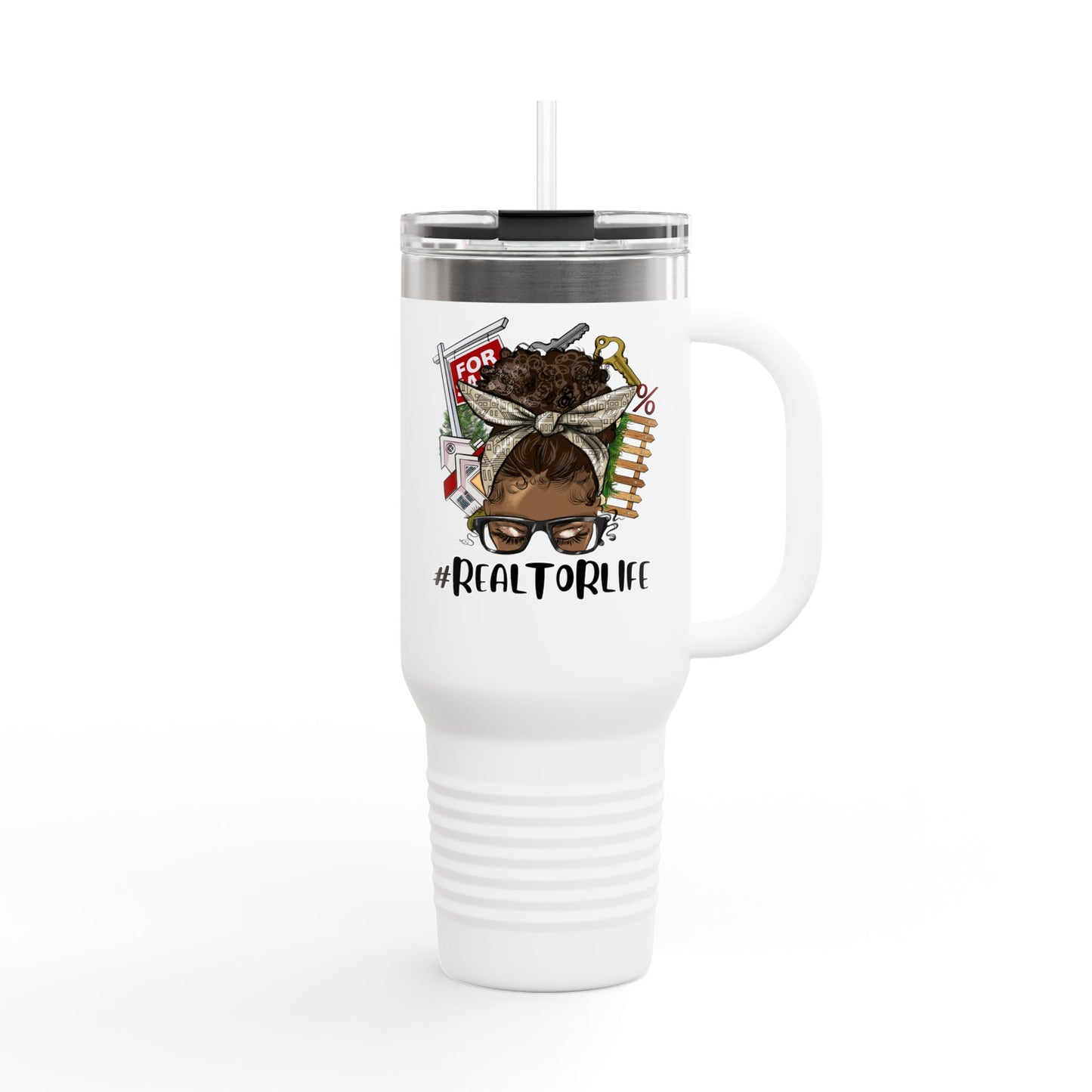 #RealtorLife Messy Bun Tumbler – 40 oz Stainless Steel Mug with Real Estate Illustration